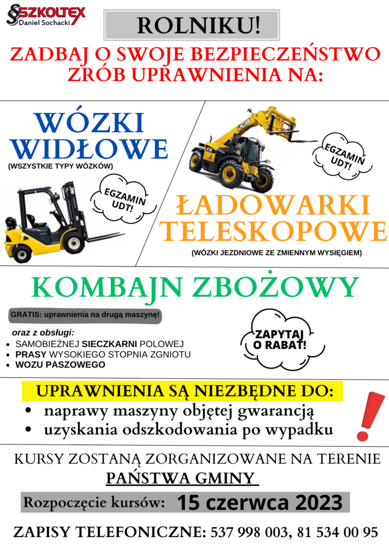 Plakat informacyjny o planowanych szkoleniach i kursach dla mieszkańców Gminy Łaszczów